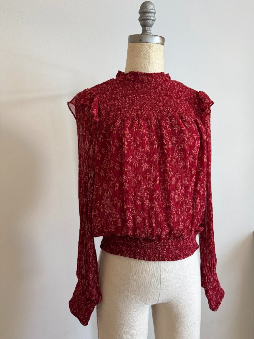 Free People Floral Smocked Mock Neck Long Sleeve Blouse S